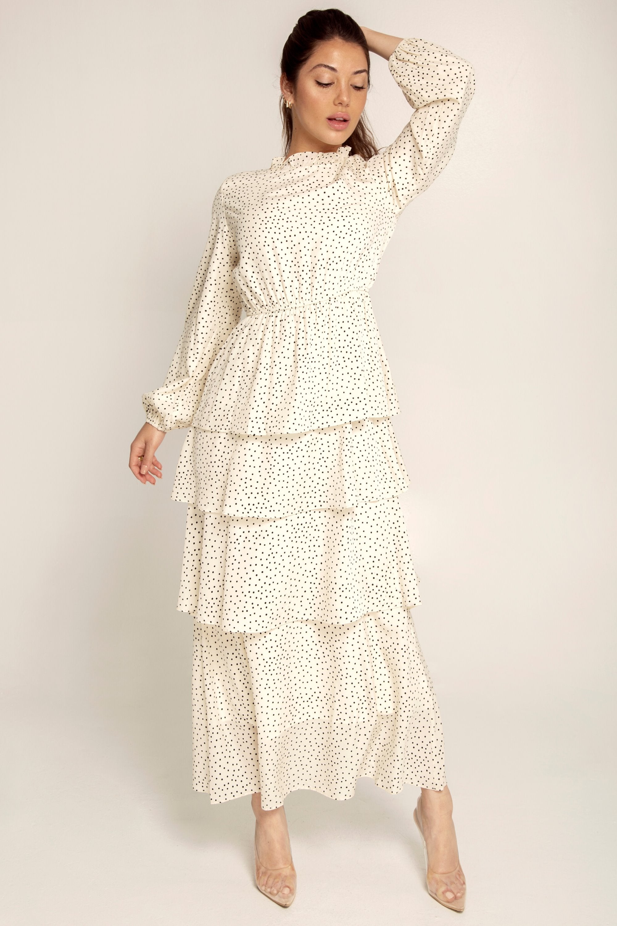 White Polka Dot Ruffle Maxi Dress